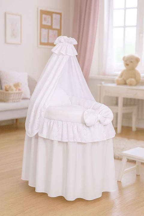 Wózek dla lalek - Kosz Mojżesza dla lalek z baldachimem - biały z haftowaną koronką