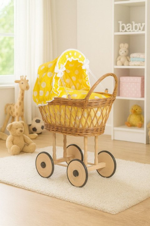 Wiklinowy wózek dla lalek wysoki ażurowy z żółtą pościelką i wyściółką VERONICA - naturalny