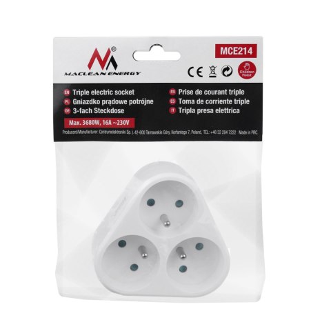 Gniazdko prądowe Maclean, potrójne z uziemieniem, 16A, max. 3680W, MCE214