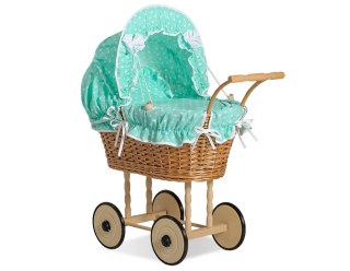 Wiklinowy wózek dla lalek wysoki z miętową pościelką i wyściółką NATALIA naturalny