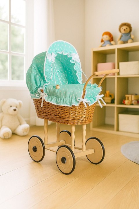 Wiklinowy wózek dla lalek wysoki z miętową pościelką i wyściółką NATALIA naturalny
