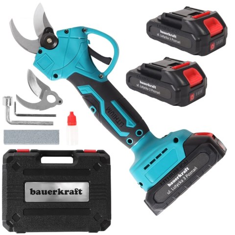 Ogrodowy sekator akumulatorowy elektryczny do gałęzi 2 akumulatory niebieski