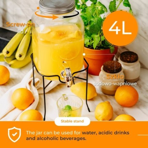 AD 6741 Słój do napojów z kranikiem 4l ze stojakiem | szklany dyspenser z zapasowym kranikiem