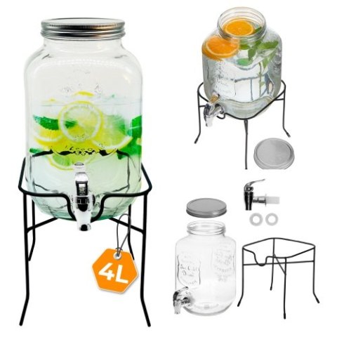 AD 6741 Słój do napojów z kranikiem 4l ze stojakiem | szklany dyspenser z zapasowym kranikiem