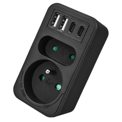 Gniazdko prądowe x2 + 4xUSB Maclean, rozgałęźnik z 2 gniazdami, 2xUSB A, 2xUSB C PD 20W, 1x16A + 1x6A, MCE249 F/B