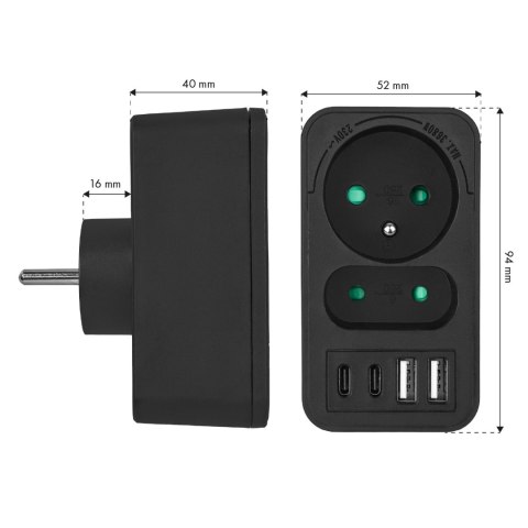 Gniazdko prądowe x2 + 4xUSB Maclean, rozgałęźnik z 2 gniazdami, 2xUSB A, 2xUSB C PD 20W, 1x16A + 1x6A, MCE249 F/B