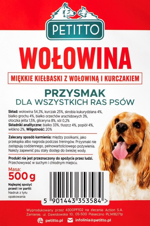 PETITTO Miękkie kiełbaski z wołowiną - przysmak dla psa - 500g