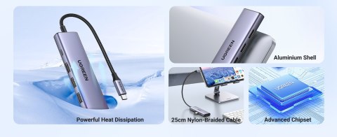 Ugreen Wielofunkcyjny HUB 5w1 USB-C - HDMI 1.4 / 3 x USB-A / USB-C PD 100W CM511 - szary