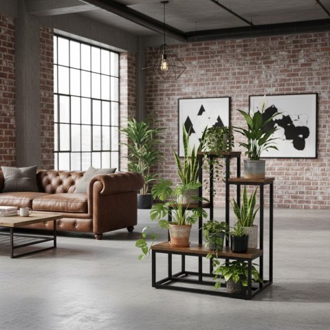 Kwietnik stojący metalowy piętrowy stojak na 6 kwiatów regał dąb rustykalny