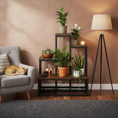 Kwietnik stojący metalowy piętrowy stojak na 6 kwiatów regał dąb rustykalny