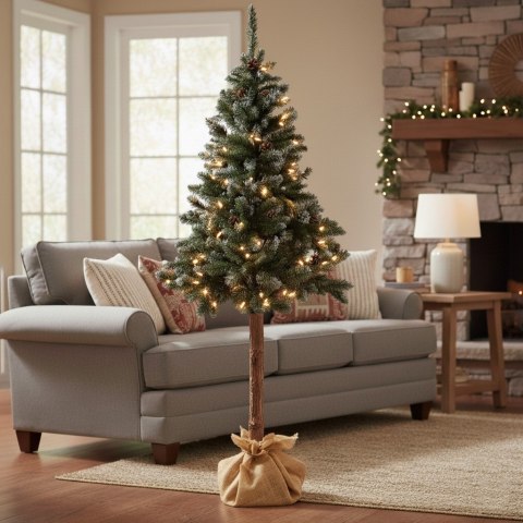 Choinka sztuczna na pniu 180 cm sosna diamentowa z szyszkami ośnieżona