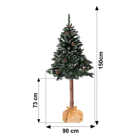 Choinka sztuczna na pniu 180 cm sosna diamentowa z szyszkami ośnieżona