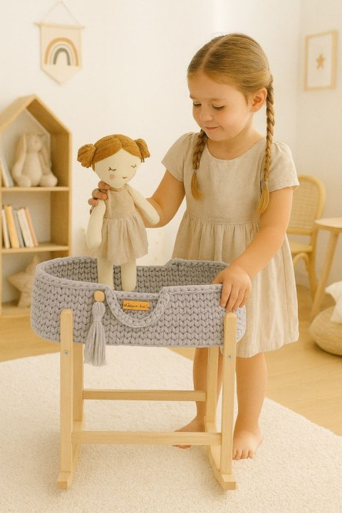 Kosz Mojżesza BOHO bawełniany nosidełko dla lalek z drewnianą kołyską - jasny szary
