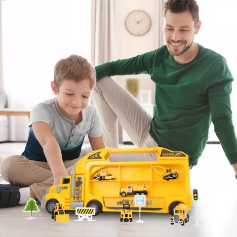 Ciężarówka walizka z metalowymi autkami budowlanymi 6 szt światła i dźwięki