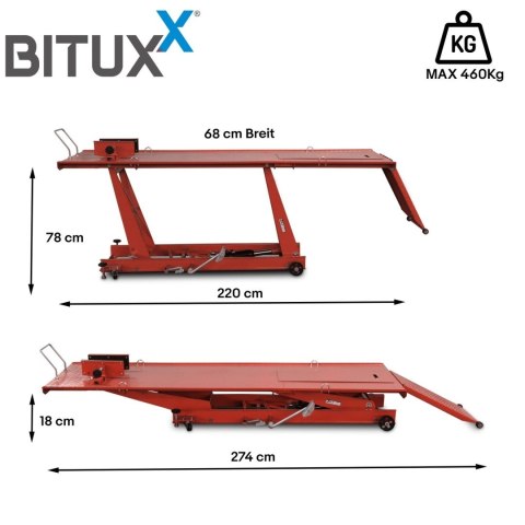 Hydrauliczny podnośnik motocyklowy Bituxx 460 kg czerwony, rampa serwisowa