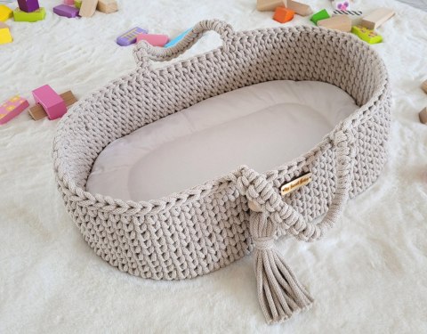 Kosz Mojżesza BOHO bawełniany nosidełko dla lalek z drewnianą kołyską - jasny beż