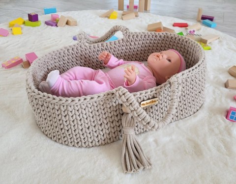 Kosz Mojżesza BOHO bawełniany nosidełko dla lalek z drewnianą kołyską - jasny beż