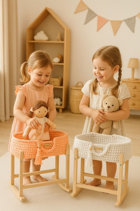 Kosz Mojżesza BOHO bawełniany nosidełko dla lalek z drewnianą kołyską - jasny beż