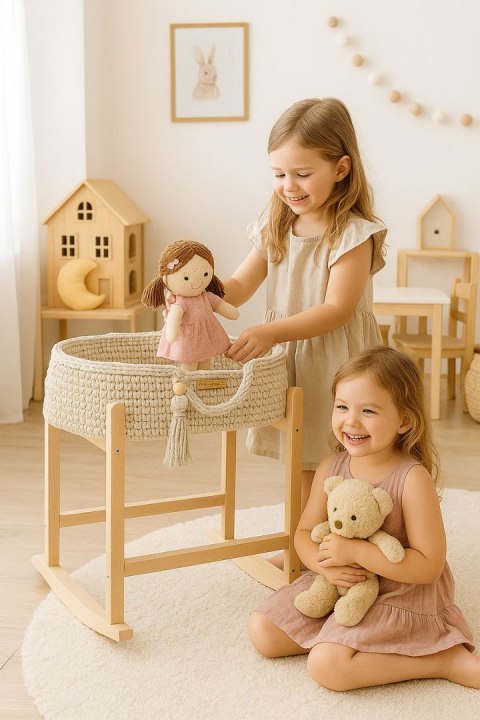 Kosz Mojżesza BOHO bawełniany nosidełko dla lalek z drewnianą kołyską - jasny beż