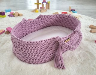 Kosz Mojżesza BOHO bawełniany nosidełko dla lalek z drewnianą kołyską - lawenda