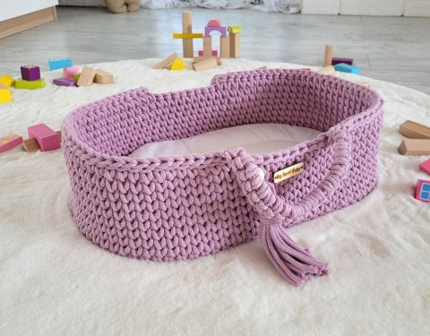 Kosz Mojżesza BOHO bawełniany nosidełko dla lalek z drewnianą kołyską - lawenda