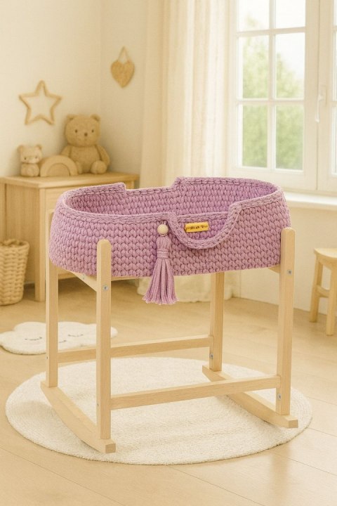 Kosz Mojżesza BOHO bawełniany nosidełko dla lalek z drewnianą kołyską - lawenda