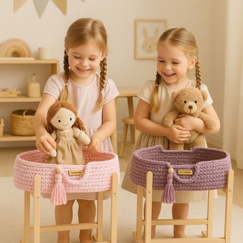 Kosz Mojżesza BOHO bawełniany nosidełko dla lalek z drewnianą kołyską - lawenda