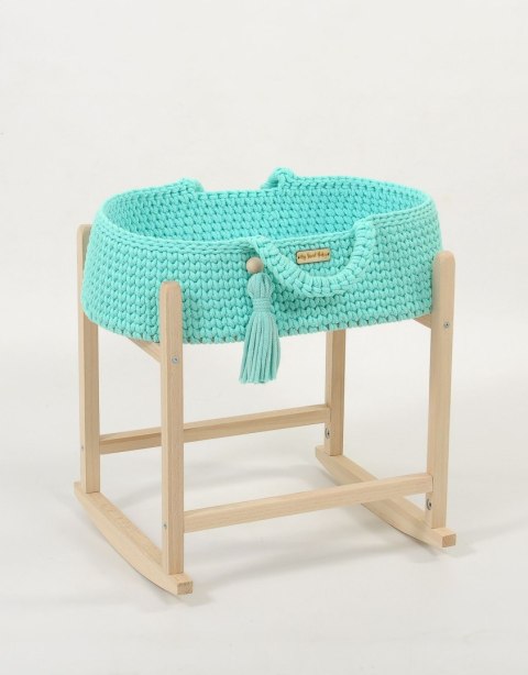 Kosz Mojżesza BOHO bawełniany nosidełko dla lalek z drewnianą kołyską - miętowy