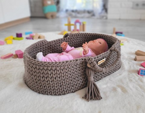 Kosz Mojżesza BOHO bawełniany nosidełko dla lalek z drewnianą kołyską - mocca