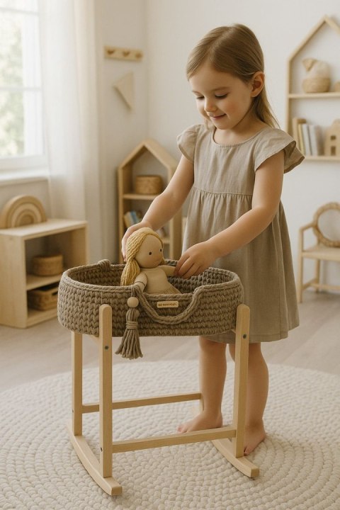 Kosz Mojżesza BOHO bawełniany nosidełko dla lalek z drewnianą kołyską - mocca