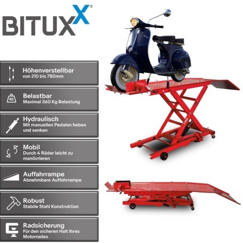 Hydrauliczny podnośnik nożycowy 360 kg do motocykli z rampą najazdową i blokadą koła