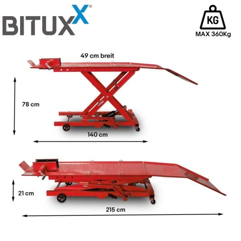 Hydrauliczny podnośnik nożycowy 360 kg do motocykli z rampą najazdową i blokadą koła