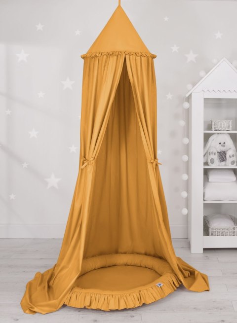 Zestaw: baldachim wiszący do pokoju dziecięcego bawełniany i gniazdko z falbanką - musztardowy