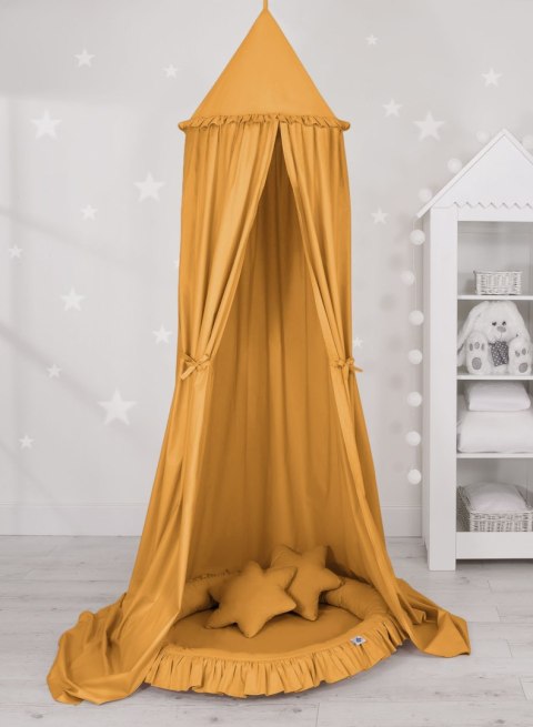 Zestaw: baldachim wiszący do pokoju dziecięcego, gniazdko z falbanką, poduszki - musztardowy