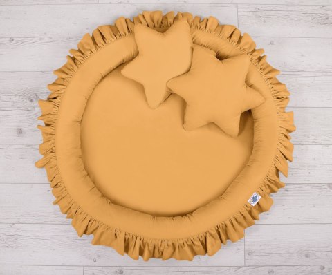 Zestaw: baldachim wiszący do pokoju dziecięcego, gniazdko z falbanką, poduszki - musztardowy