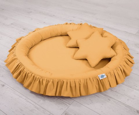 Zestaw: baldachim wiszący do pokoju dziecięcego, gniazdko z falbanką, poduszki - musztardowy