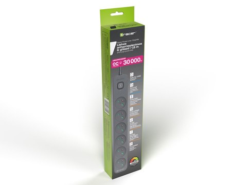 Listwa zasilająca antyprzepięciowa TRACER Power Line+ 1,8 m Graphite (6 gniazd)