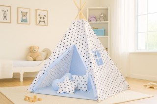 Namiot TIPI dla dzieci + mata + poduszki + zawieszki pióra - Czarne gwiazdki/niebieski