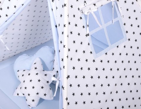 Namiot TIPI dla dzieci + mata + poduszki + zawieszki pióra - Czarne gwiazdki/niebieski