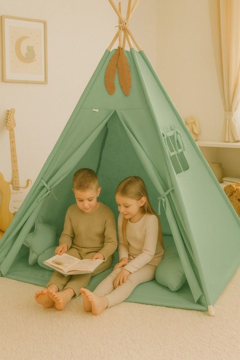 Namiot TIPI dla dzieci + mata + poduszki + zawieszki pióra - szałwia