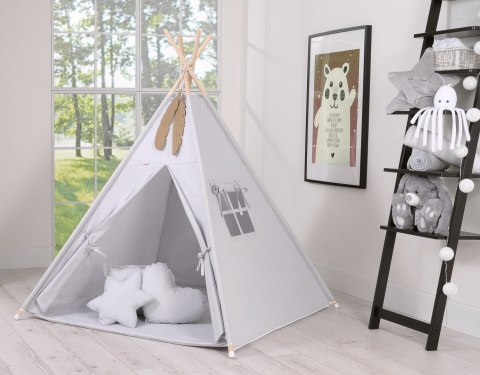 Namiot TIPI dla dzieci + mata + poduszki + zawieszki pióra - szary