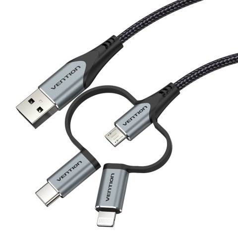 Kabel Vention USB-A 3w1 Micro-B USB-C Lightning 1m szary