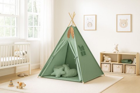 Namiot Tipi dla dzieci + zawieszki pióra - szałwia