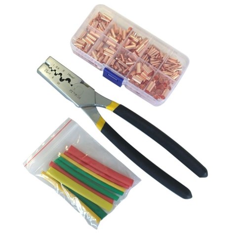 Zaciskarka do tulejek kablowych + 250 szt. tulejek bez izolacji + termokurczki ZESTAW