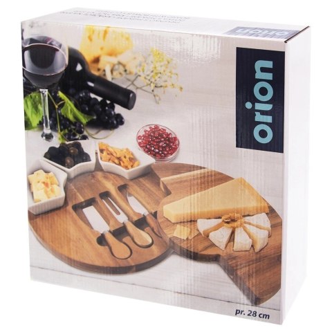 Deska do Serów ORION 7 el. z Nożami i Miseczkami Drewniana Zestaw 28 cm