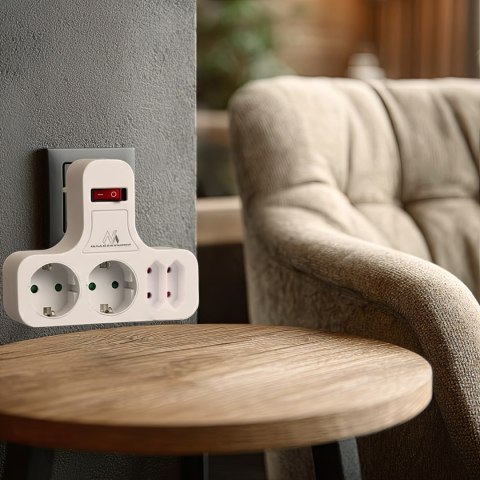 Gniazdko prądowe Maclean, poczwórne z wyłącznikiem, nóżka stabilizującą, typu schuko, 2x2.5A, 2x16A, MCE224G