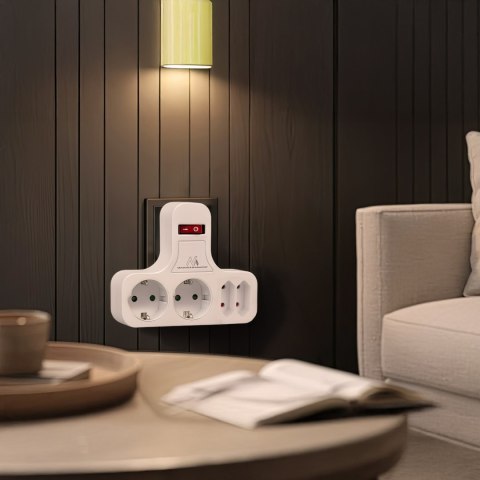 Gniazdko prądowe Maclean, poczwórne z wyłącznikiem, nóżka stabilizującą, typu schuko, 2x2.5A, 2x16A, MCE224G