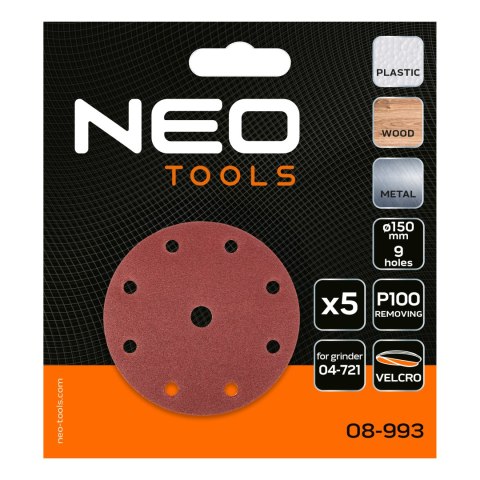 Krążki ścierne 150 mm, P100, 5 szt., z 9 otworami do 04-721