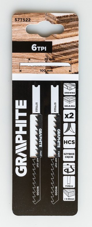 Brzeszczot do wyrzynarki, 6 TPI, HCS, uchwyt typu U, 2 szt., cięcie krzywoliniowe, szybkie cięcie