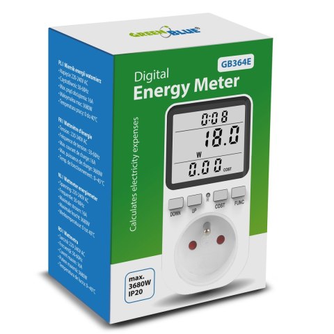 Miernik energii GreenBlue, watomierz, typ E, 220-240V AC, 50Hz, max. obciążenie 16A, IP20, wbudowana bateria, GB364 E